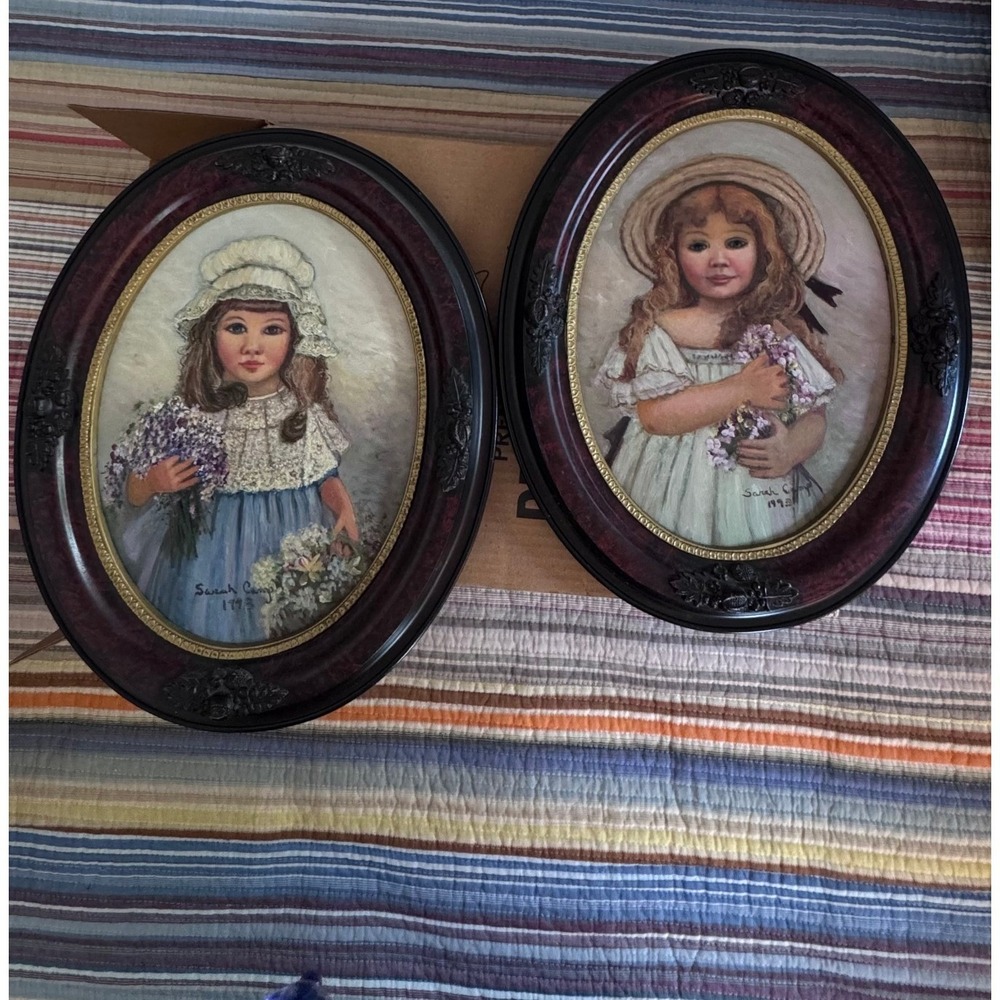 Vtg Sarah Camp Signed Original Oil Paintings 1993 Victorian Girls Oval‎ Frames